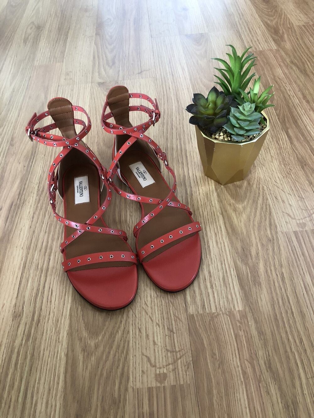 Valentino Garavani Leather Orange Red Strappy Grommet Flat Sandals SIZE 6/36